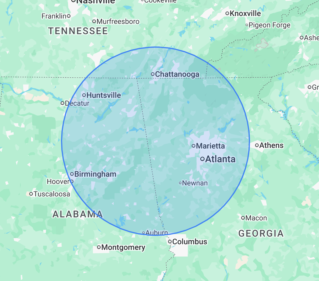 Map of the 100-mile service radius covering Atlanta GA, Birmingham AL, and Chattanooga TN — and everywhere in between